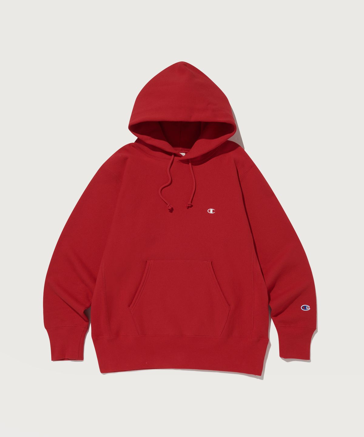 챔피온(CHAMPION) 리버스위브 블루택 루즈핏 기모 후드 티셔츠 Normal Red