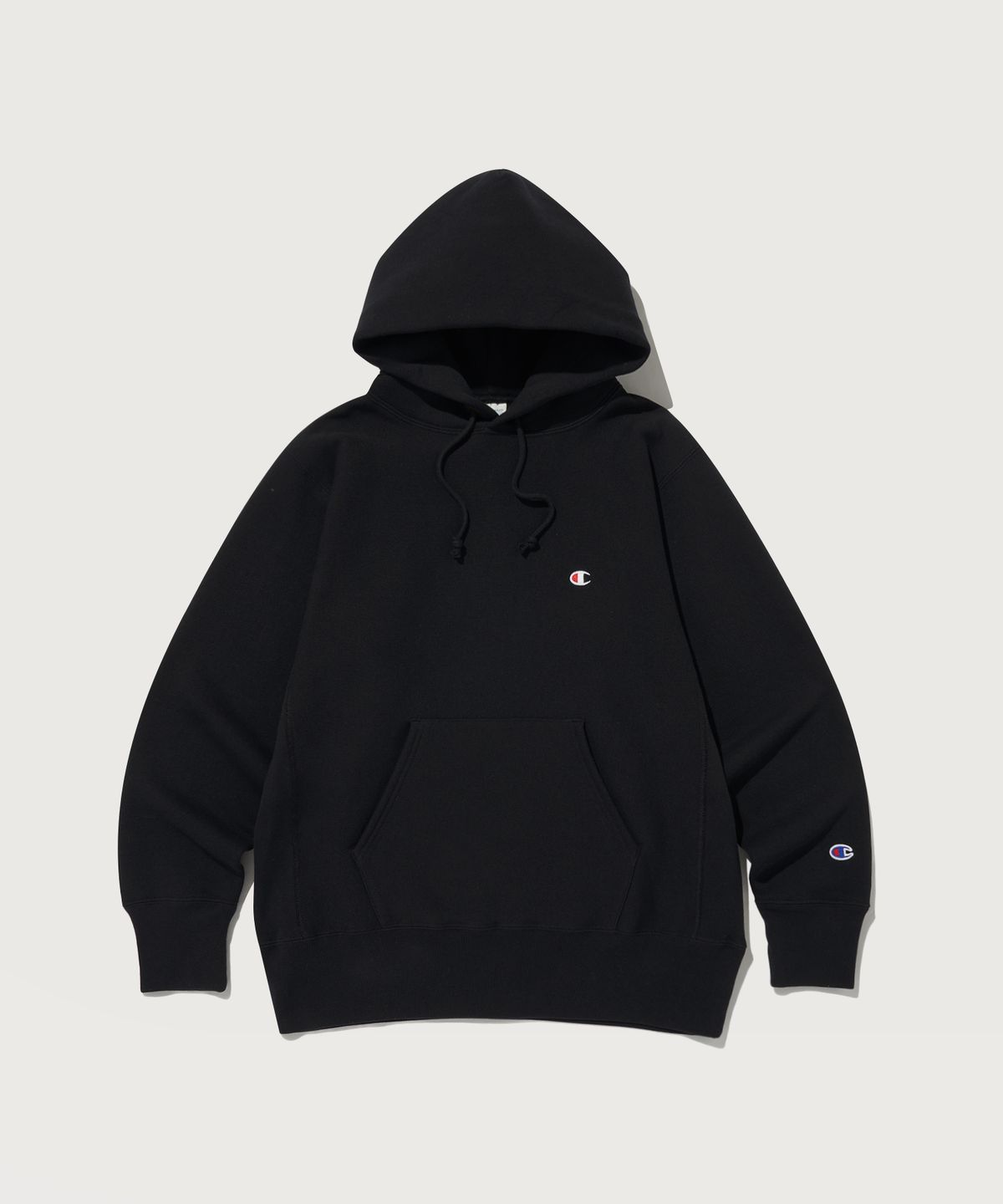 챔피온(CHAMPION) 리버스위브 블루택 루즈핏 기모 후드 티셔츠 Black