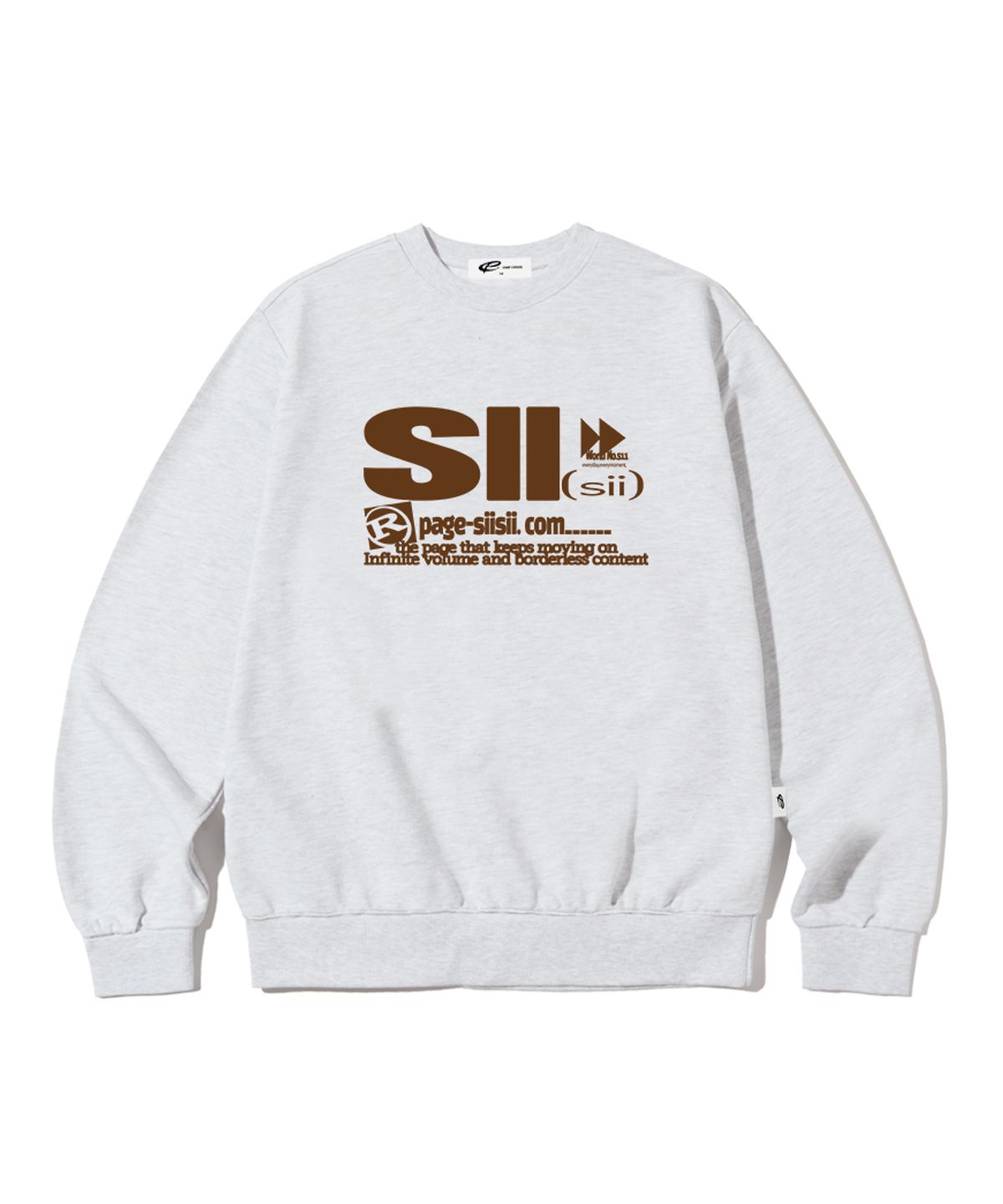 페이지시시(PAGESIISII) 브라운 플레이 버튼 프린트 맨투맨 화이트 멜란지