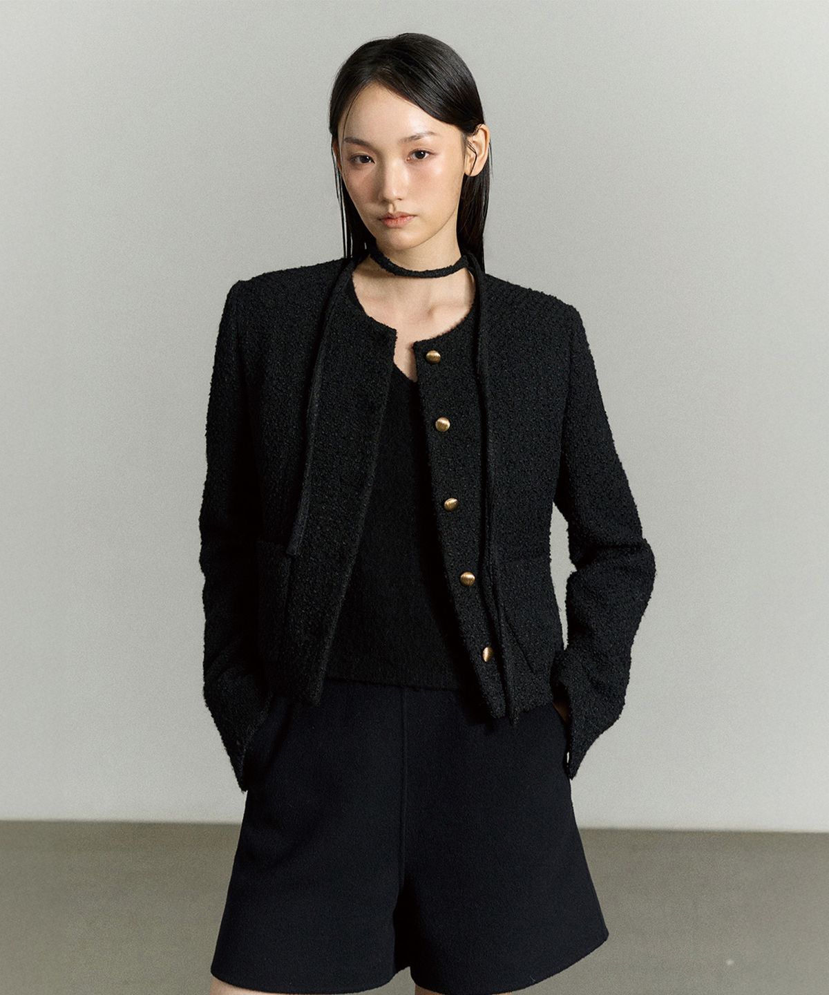 리이(RE RHEE) WOOL BLEND STRING SCARF TWEED JACKET