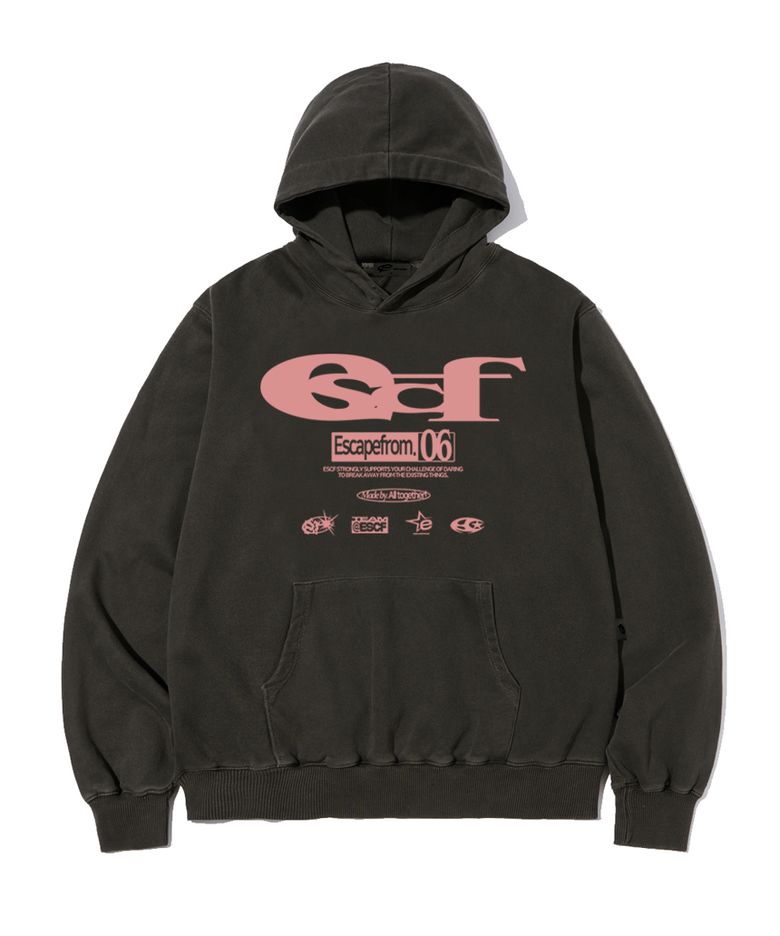 핑크 ESCF 로고 콜라주 프린트 피그먼트 후드티 차콜