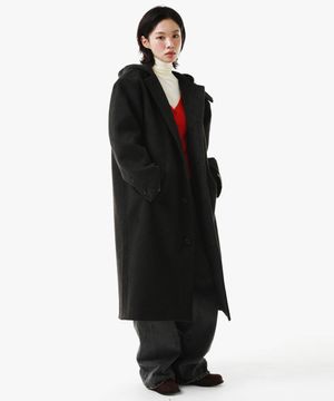 HAND STITCH HOODIE MAXI WOOL COAT (CHARCOAL)