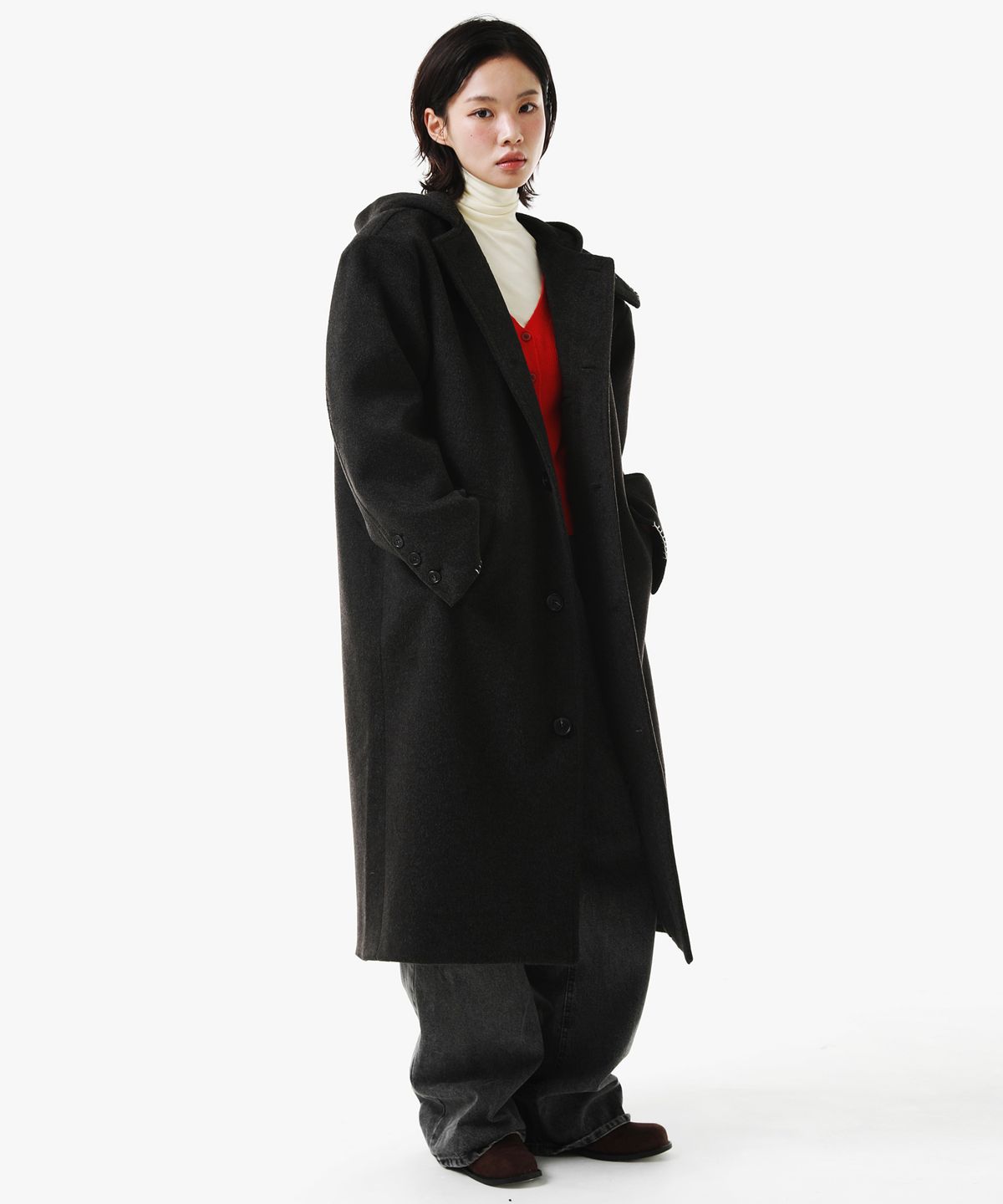 피스메이커(PIECE MAKER) HAND STITCH HOODIE MAXI WOOL COAT (CHARCOAL)