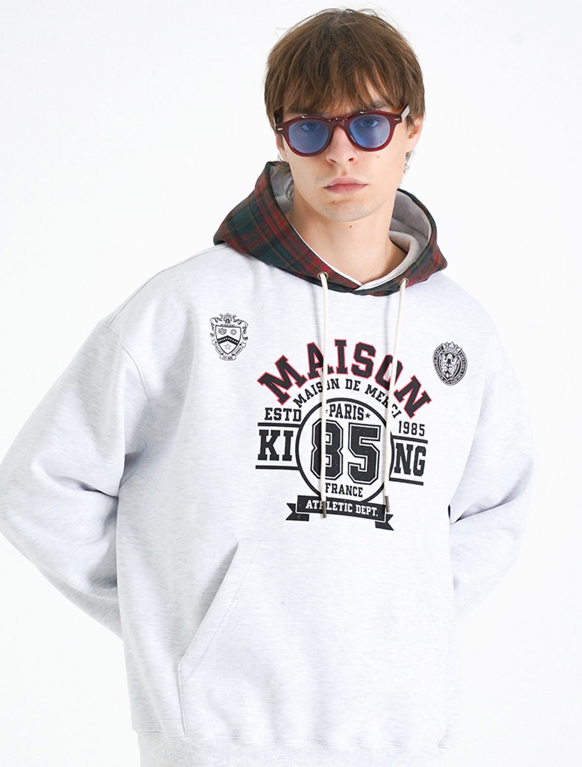 라 메종 스튜디오(LA MAISON STUDIO) [기모]UNISEX 빈티지 체크 넘버링 헤비테리 후드 애쉬그레이(FCE4TS655K)