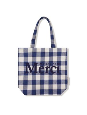 체크 패턴 메르시 로고 체인 자수 에코백 네이비(FCE5BG006P)