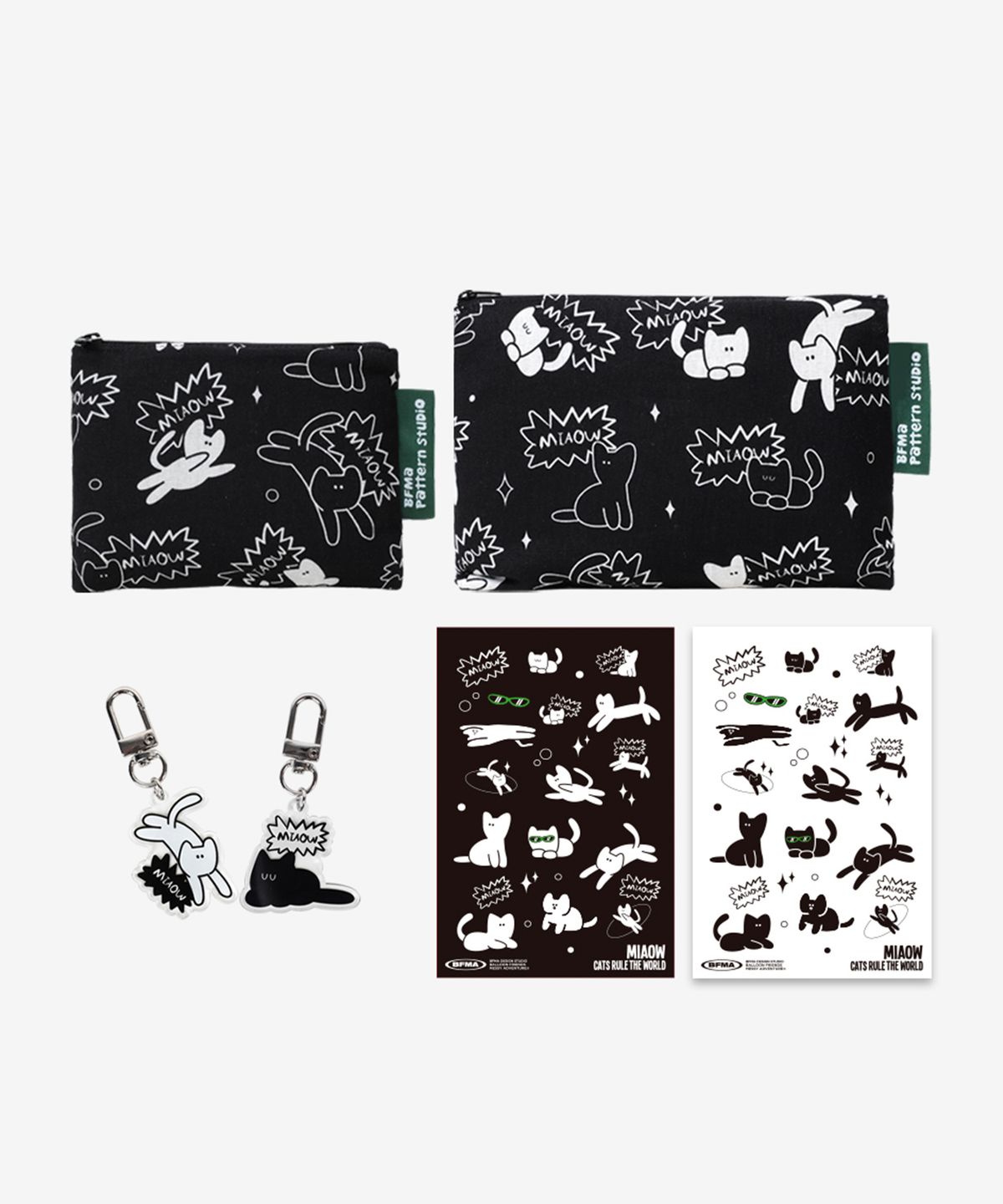 벌룬프렌즈(BALLOON FRIENDS) [3SET] 미야오캣 패턴 지퍼 파우치 & 키링 & 스티커 세트
