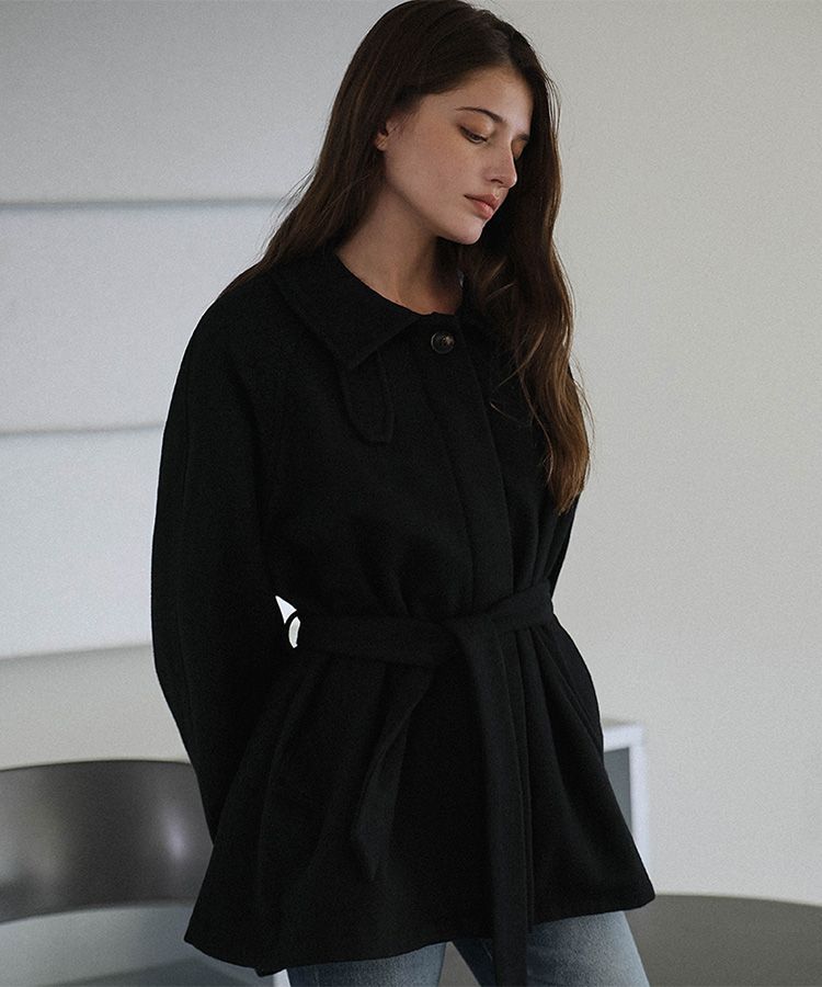 MUSINSA | DEHEVE Belted High-Neck Half Coat [Black]