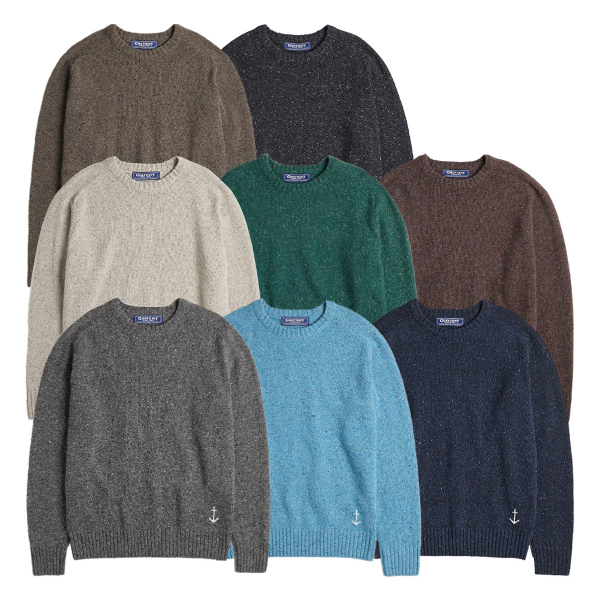 건지 울른스(Guernsey Woollens) 네프사 에센셜 울 크루넥 새들 스웨터 컬렉션