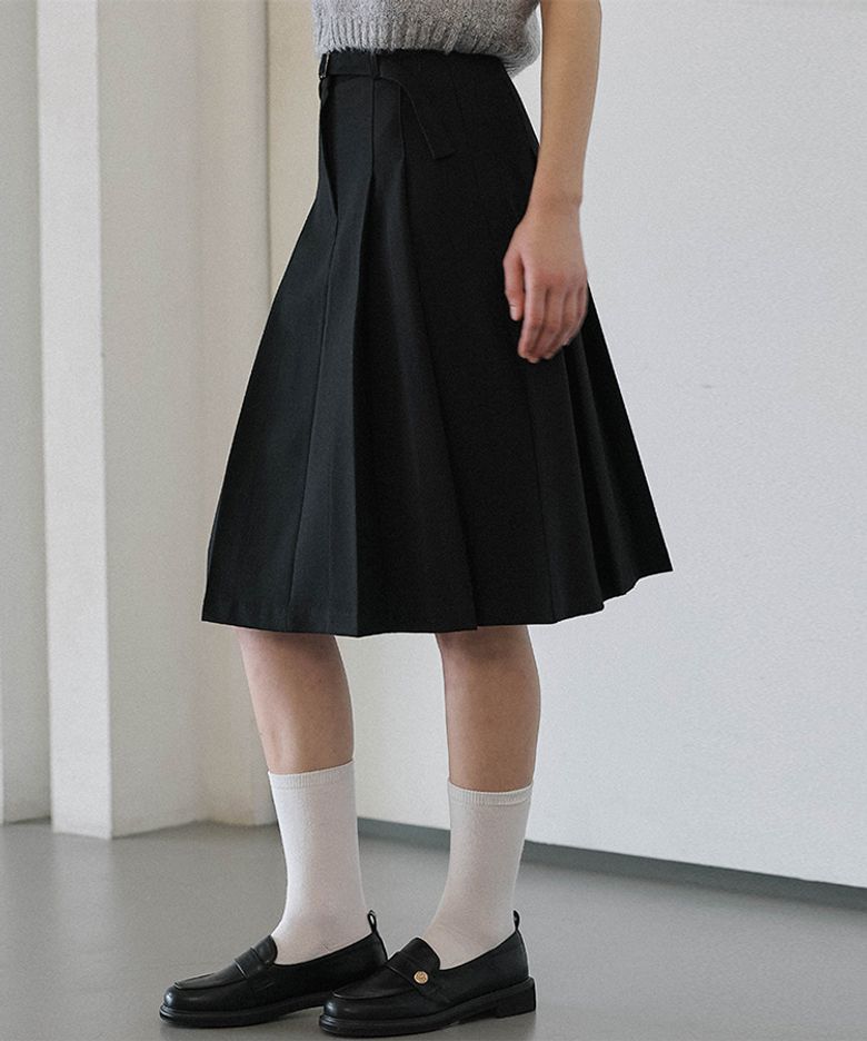 Belt Pleats Midi Skirt [Black]