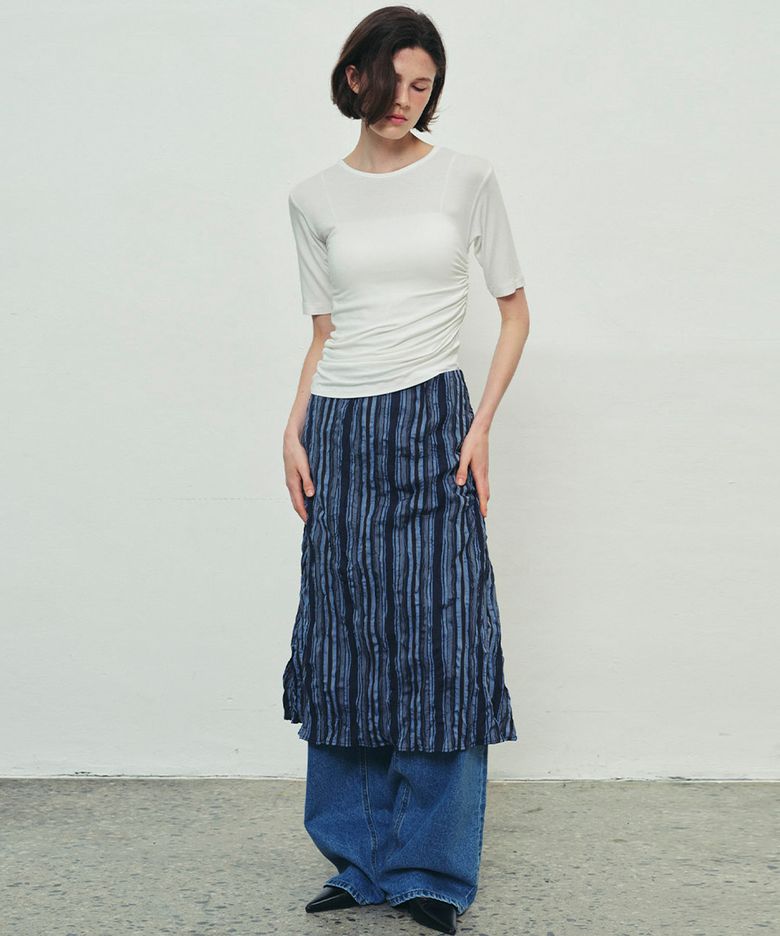 STRIPE WRINKLE SKIRT - NAVY