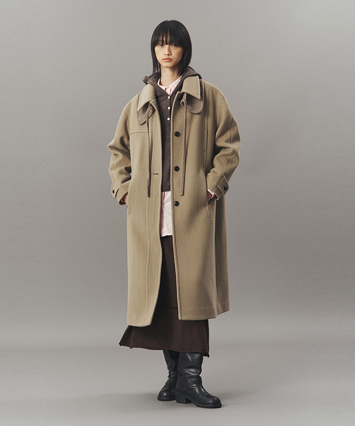 아위(AHWE) KNIT COLLAR BALMACAAN COAT_MOCHA