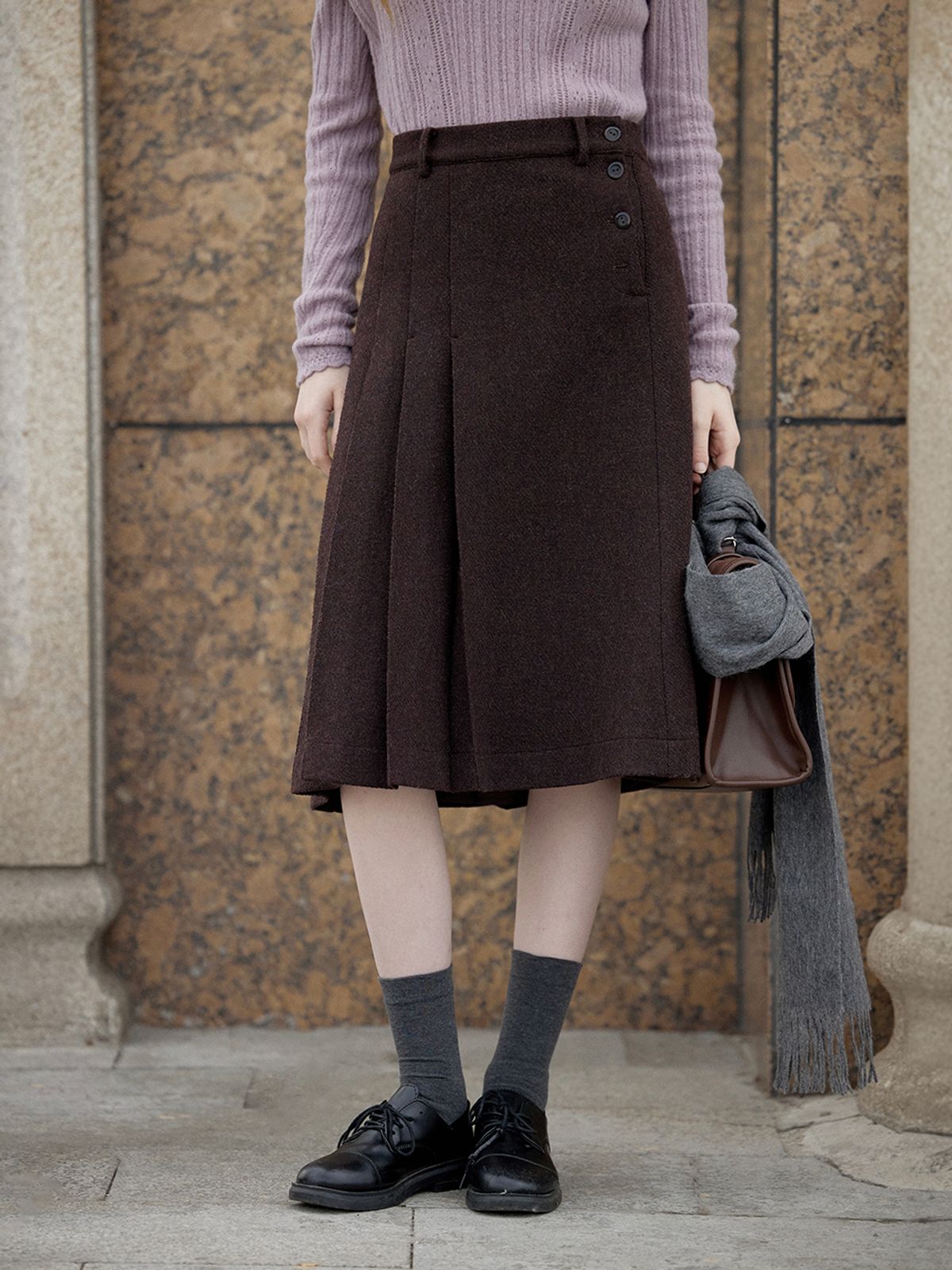 르니나(LENINA) CIEL wool pleats skirt_BROWN
