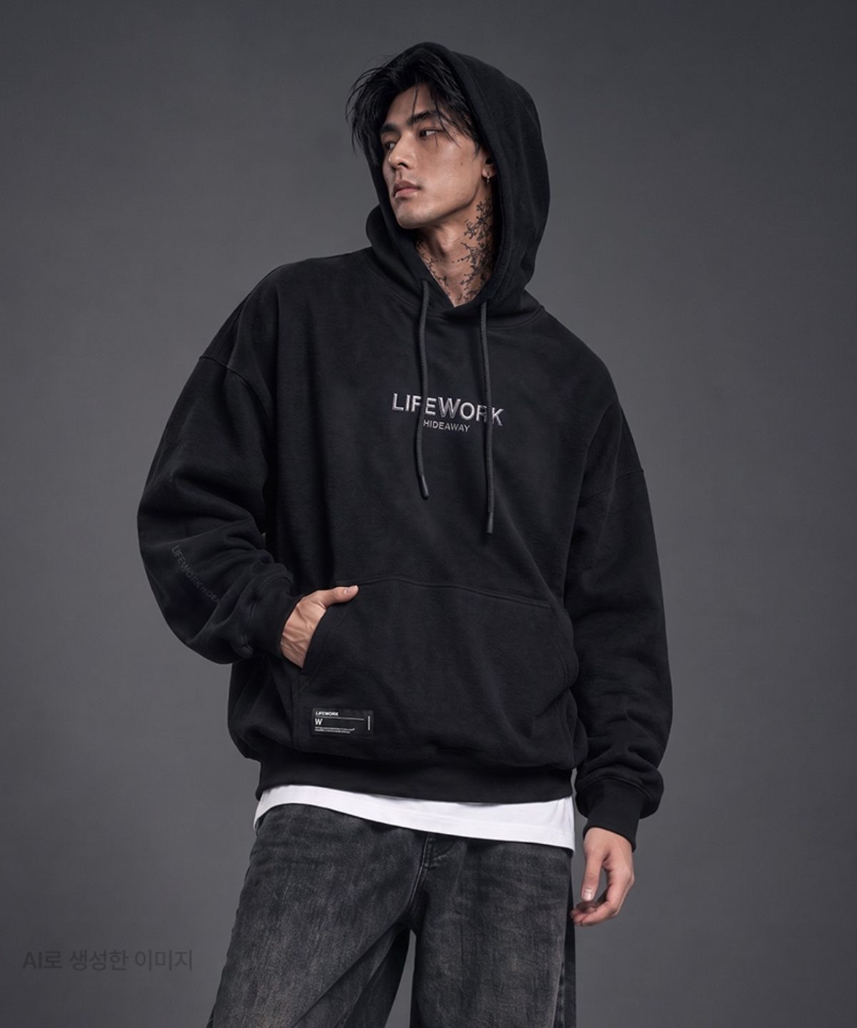라이프워크(LIFEWORK) 양면지 고주파 오버핏 후드 티셔츠