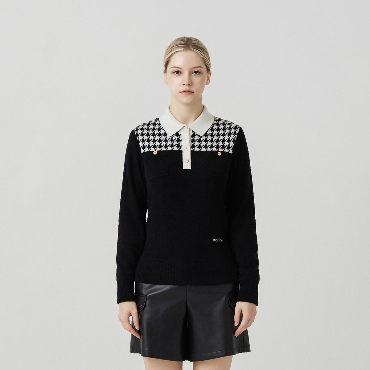 마틴골프(MARTINE GOLF) Hound Tooth Polo Neck Knit_BLACK
