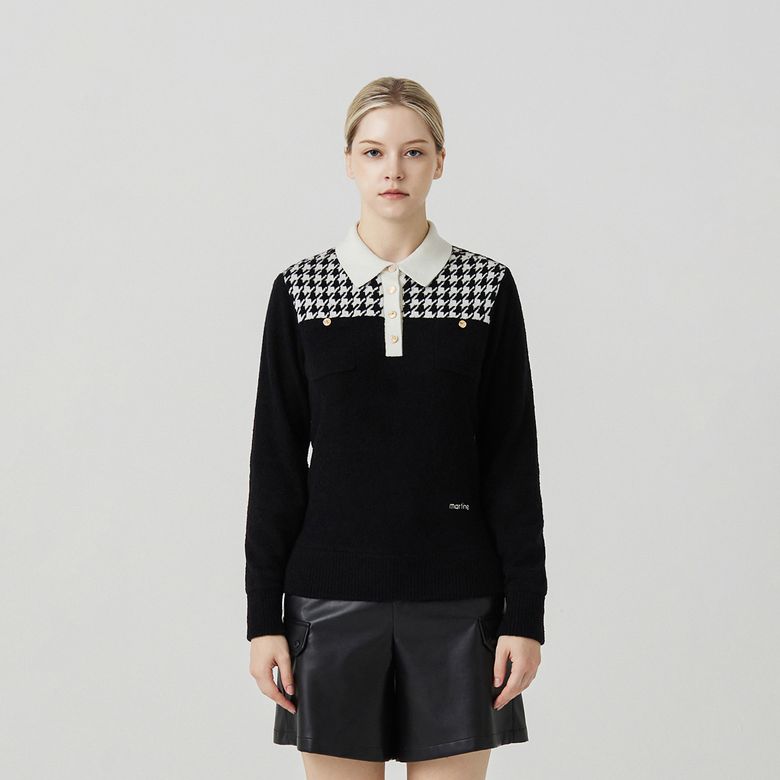 Hound Tooth Polo Neck Knit_BLACK