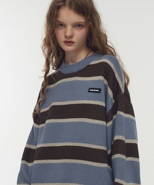 스트라이프 와펜 니트 라벤더초코