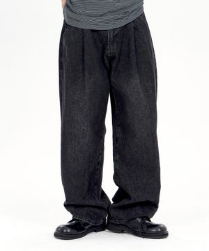 워시드 원턱와이드데님팬츠 블랙