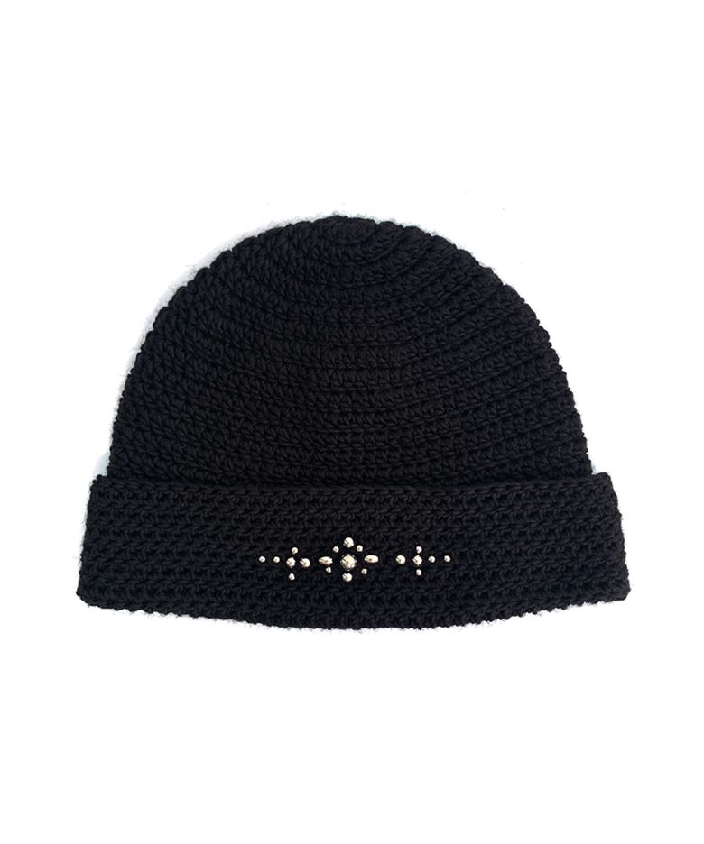 TEO HANDMADE WESTERN ORNAMENT SHORT BEANIE / BLACK