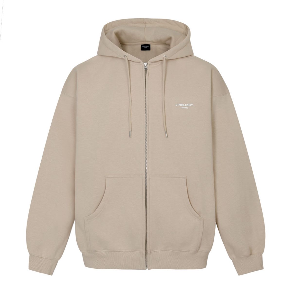 라임라잇 어패럴(LIMELIGHT APPAREL) 어패럴 심플 로고 집업 후드 오버사이즈 (샌드/화이트)