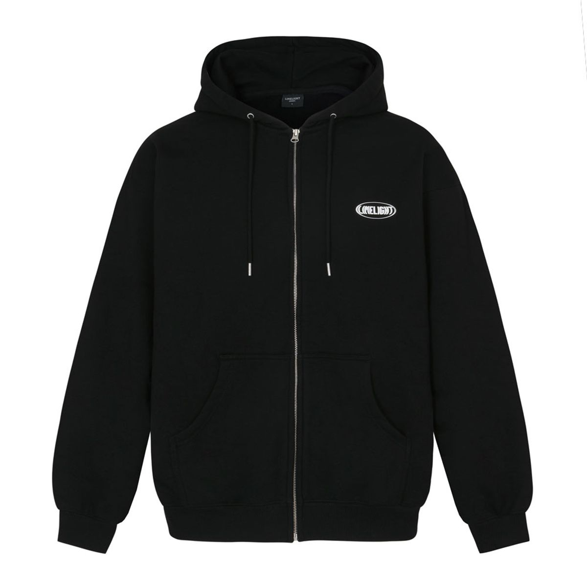 라임라잇 어패럴(LIMELIGHT APPAREL) 어패럴 오발 로고 집업 후드 오버사이즈 (블랙/화이트)