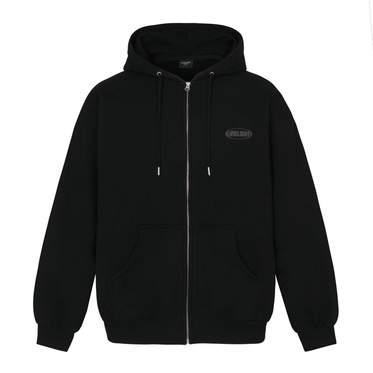 라임라잇 어패럴(LIMELIGHT APPAREL) 어패럴 오발 로고 집업 후드 오버사이즈 (블랙/그레이)