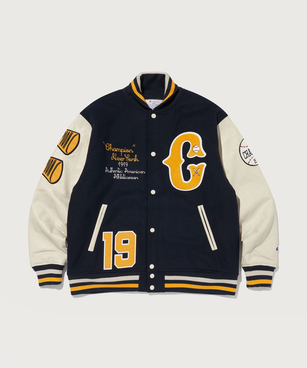 챔피온(CHAMPION) 써모라이트 멜톤 퀼팅 바시티 재킷 Normal Navy