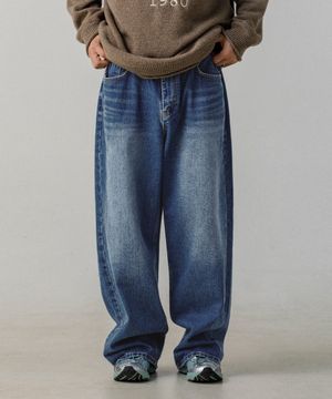 어텀 캣 워싱 와이드 데님 팬츠 진청