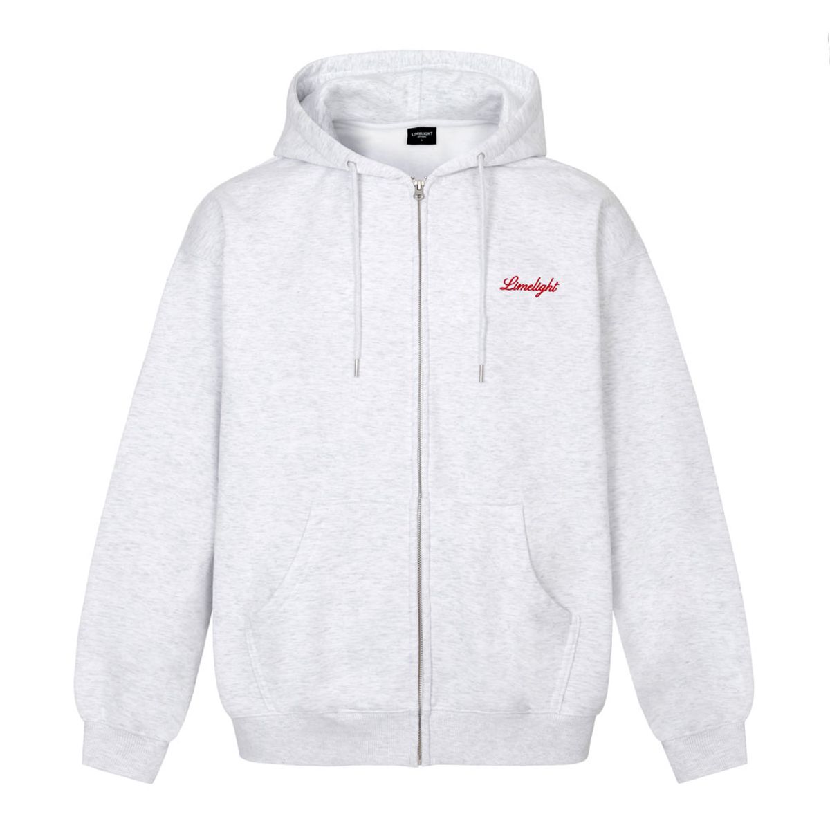 라임라잇 어패럴(LIMELIGHT APPAREL) 어패럴 스크립트 로고 집업 후드 오버사이즈 (애쉬그레이/레드)