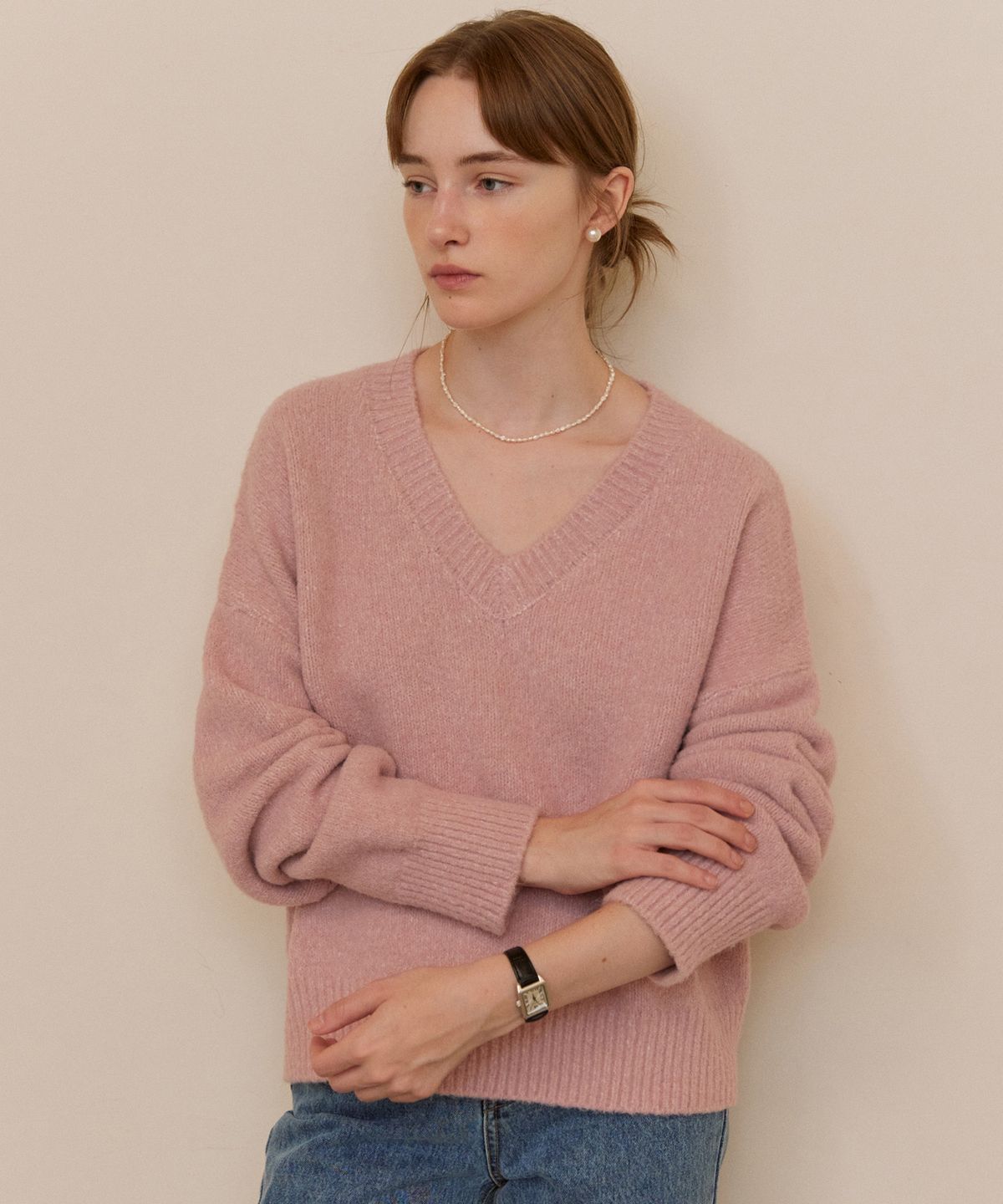 어다울(ADAUL) Soft loose V-neck knit - soft pink