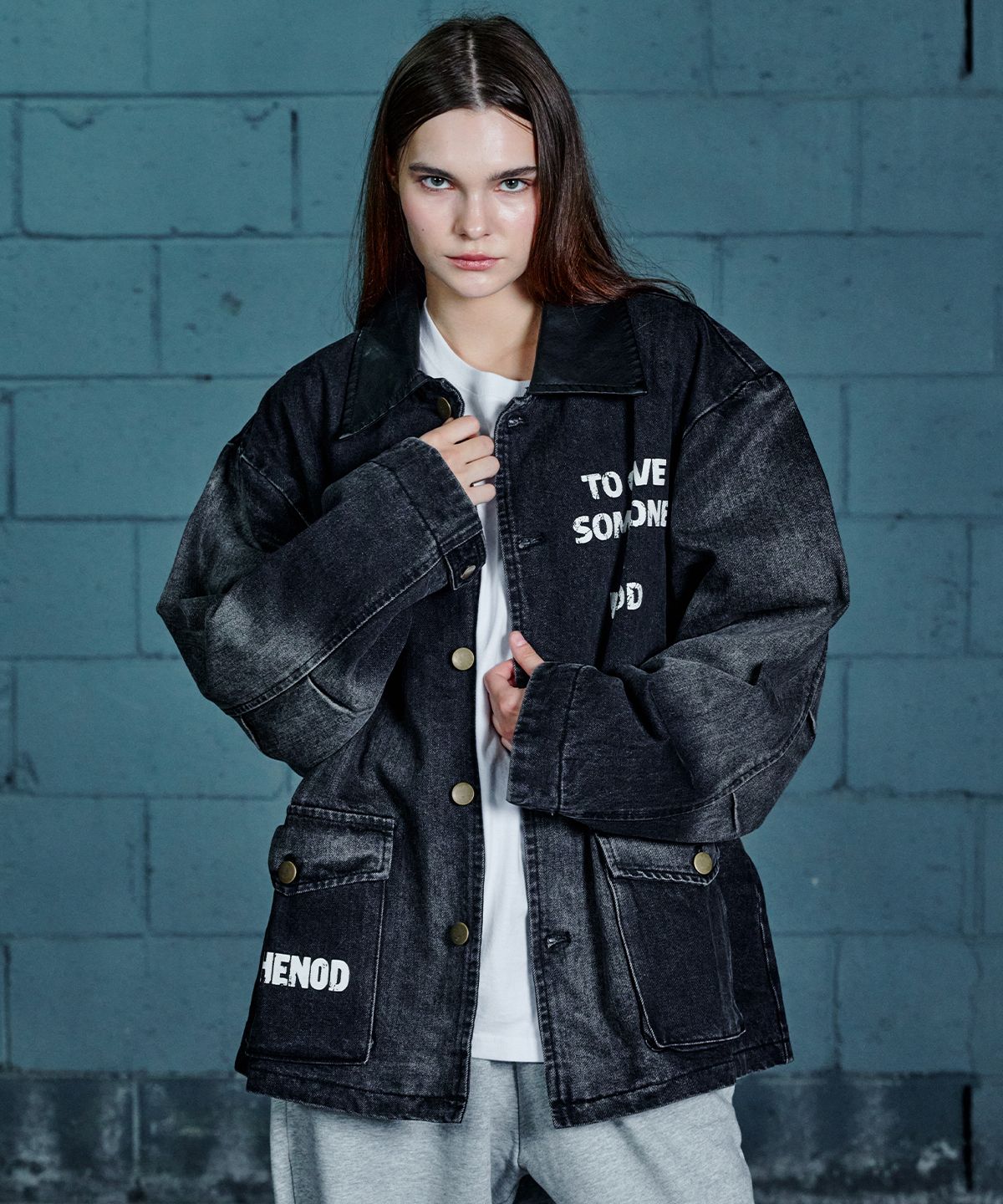 노드(NOD) Leather Collar Vintage jacket (Black denim)