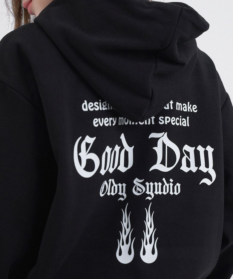 [기모선택] Fire Lettering 오버핏 후디 후드 티셔츠 Black