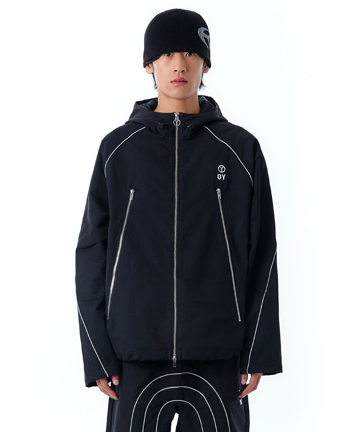 오픈야드(오와이)(OPENYARD(OY)) PIPING ZIPPER HOODIE TRACK JACKET-BLACK