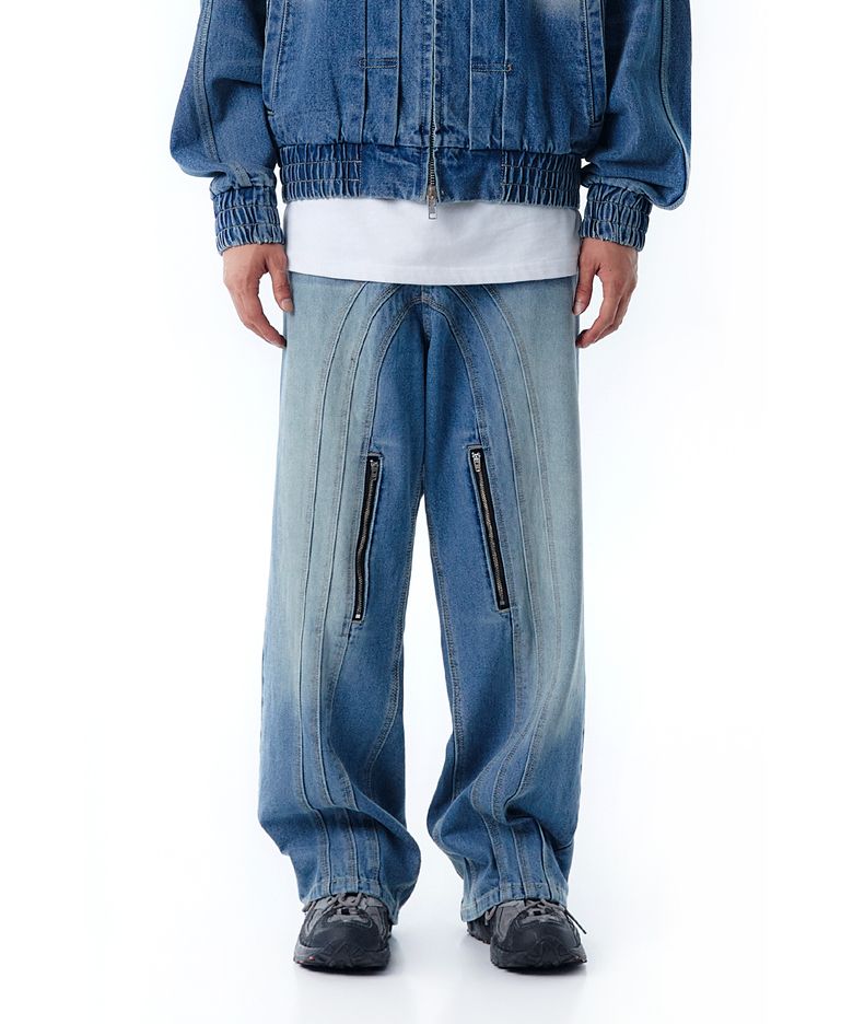 C.B WAVE LINE WASHED ZIPPER JEANS-BLUE