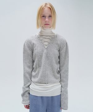 V NECK LACE UP KNIT (grey)