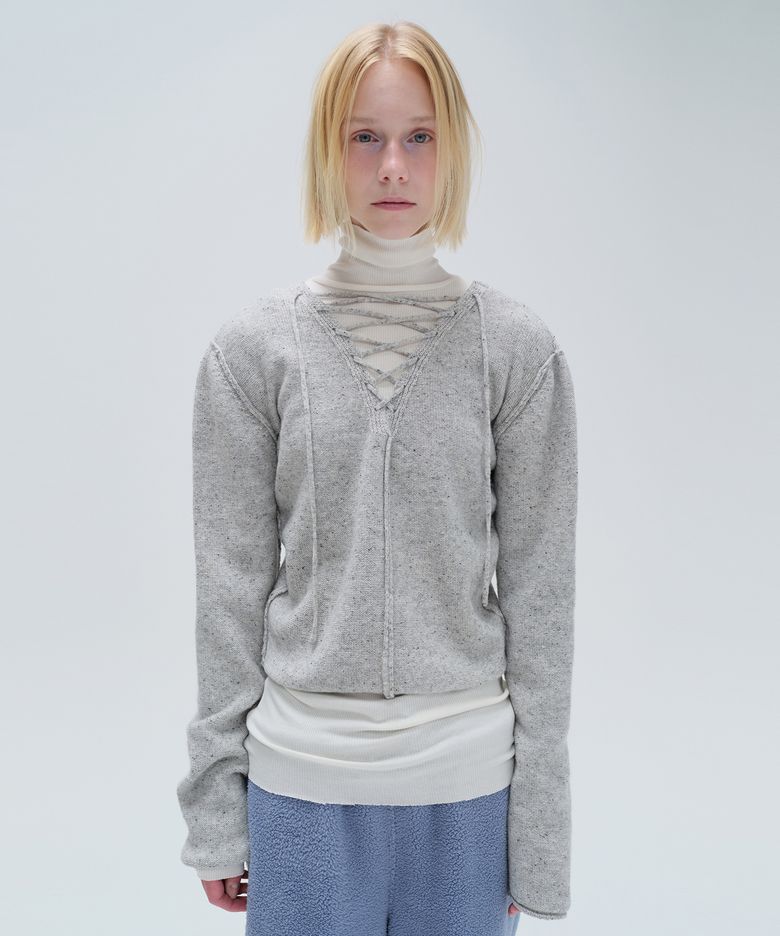 V NECK LACE UP KNIT (grey)
