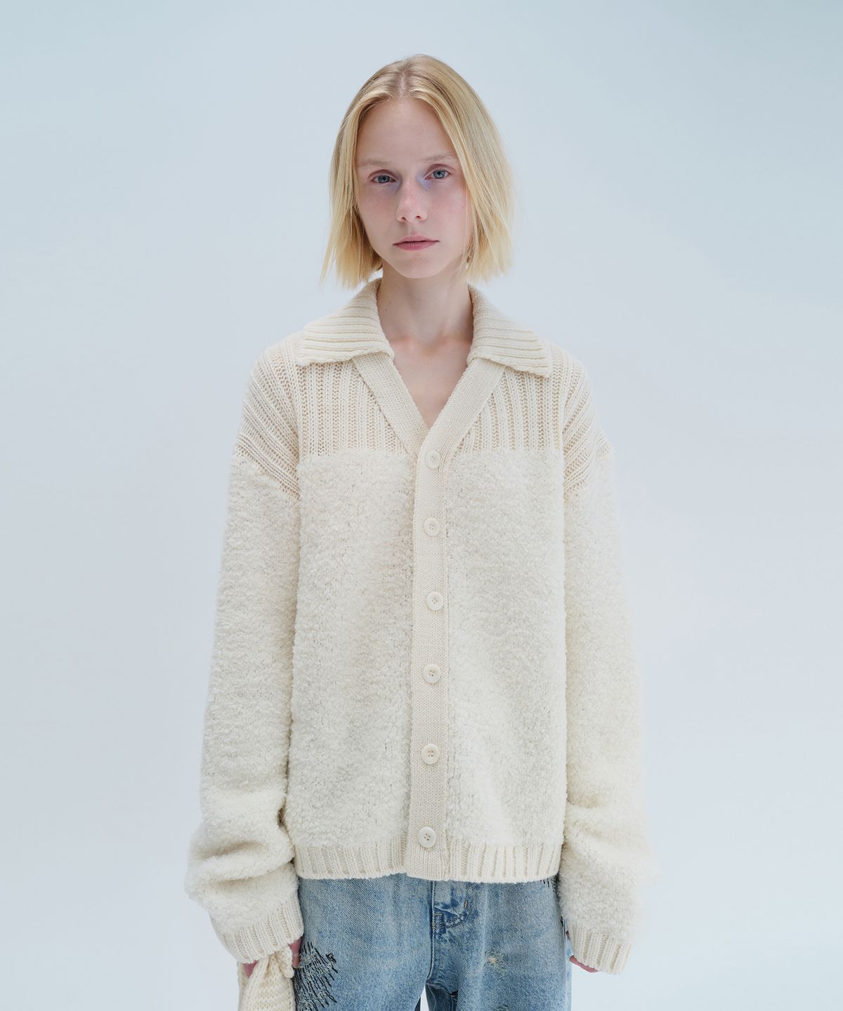 다이애그널(DIAGONAL) BOUCLE COLLAR KNIT CADIGAN (ivory)