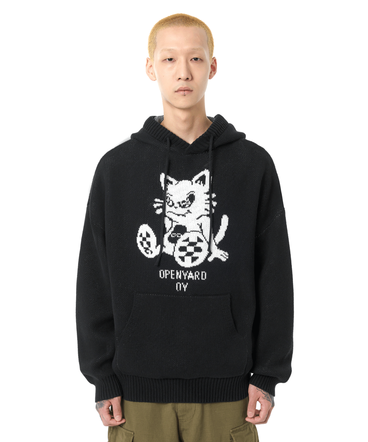 오픈야드(오와이)(OPENYARD(OY)) BLACK CAT KNIT HOODIE-BLACK