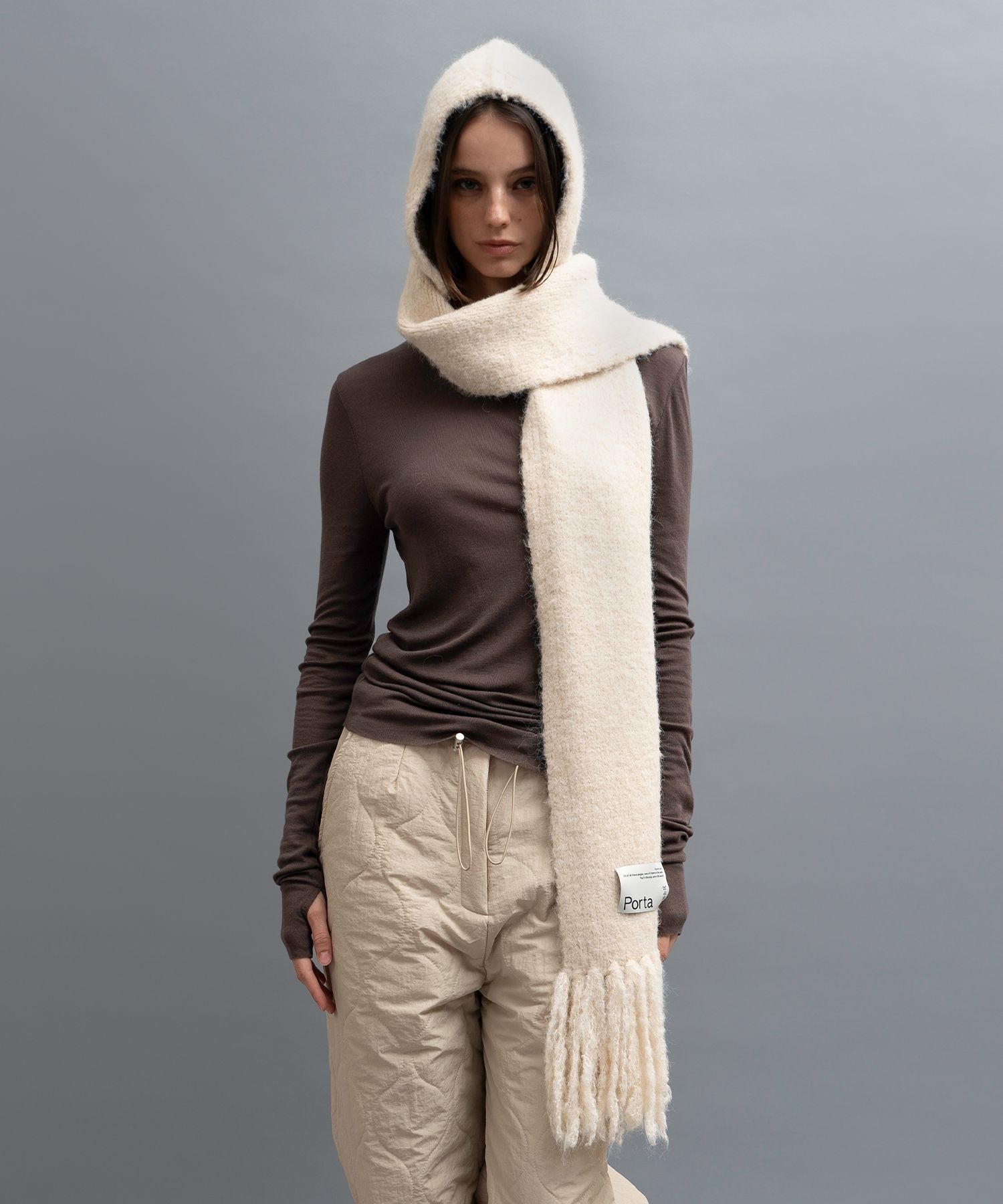 ★Porta★ LOGO LABEL KNIT LONG HOODED MUFFLER CREAM 24WT21 MUSINSA | PORTA LOGO LABEL KNIT LONG HOODED MUFFLER, CREAM