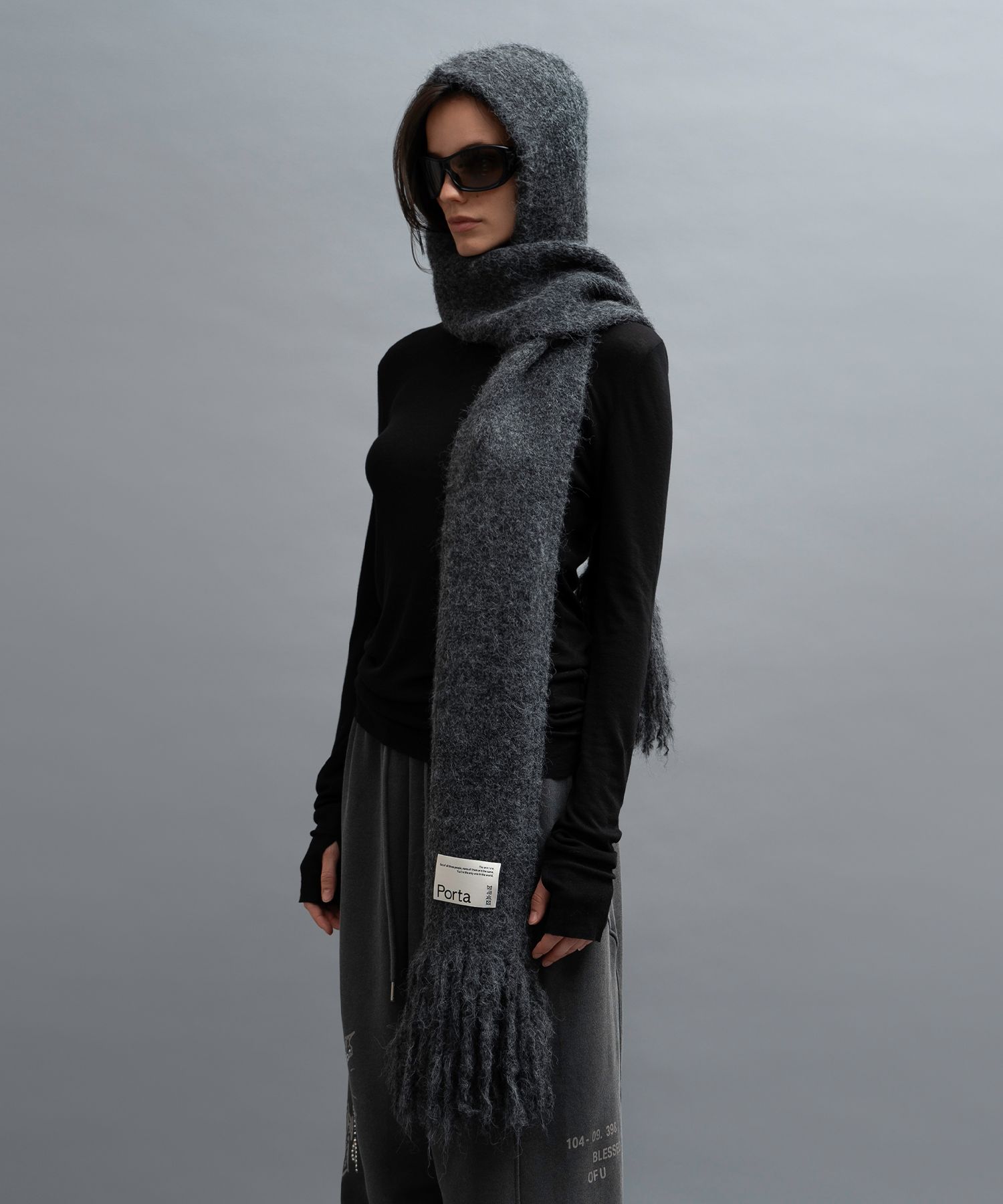 ★Porta★ LOGO LABEL KNIT LONG HOODED MUFFLER CREAM 24WT21 MUSINSA | PORTA LOGO LABEL KNIT LONG HOODED MUFFLER, CREAM
