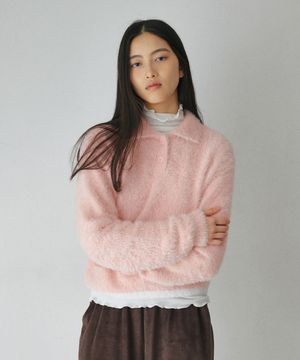 크롭 헤어리 카라 니트 핑크