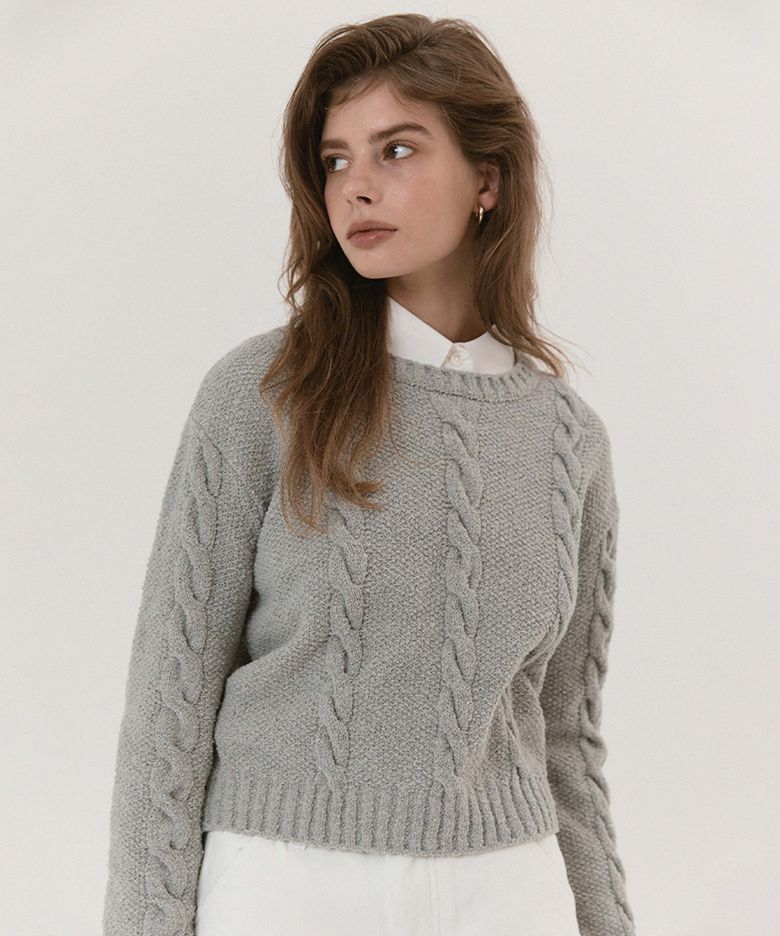 Cable boucle knit pullover (Ivory, Beige, Grey)