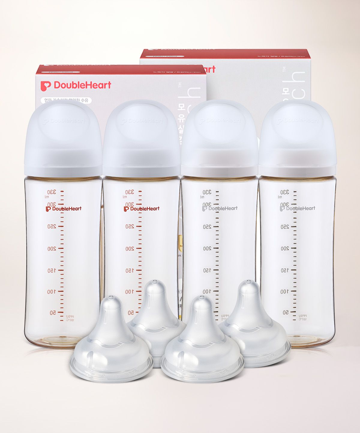 더블하트(DOUBLEHEART) 모유실감 베이직/모먼트 330ml 트윈더블세트(젖병4+젖꼭지4) 2종 택1