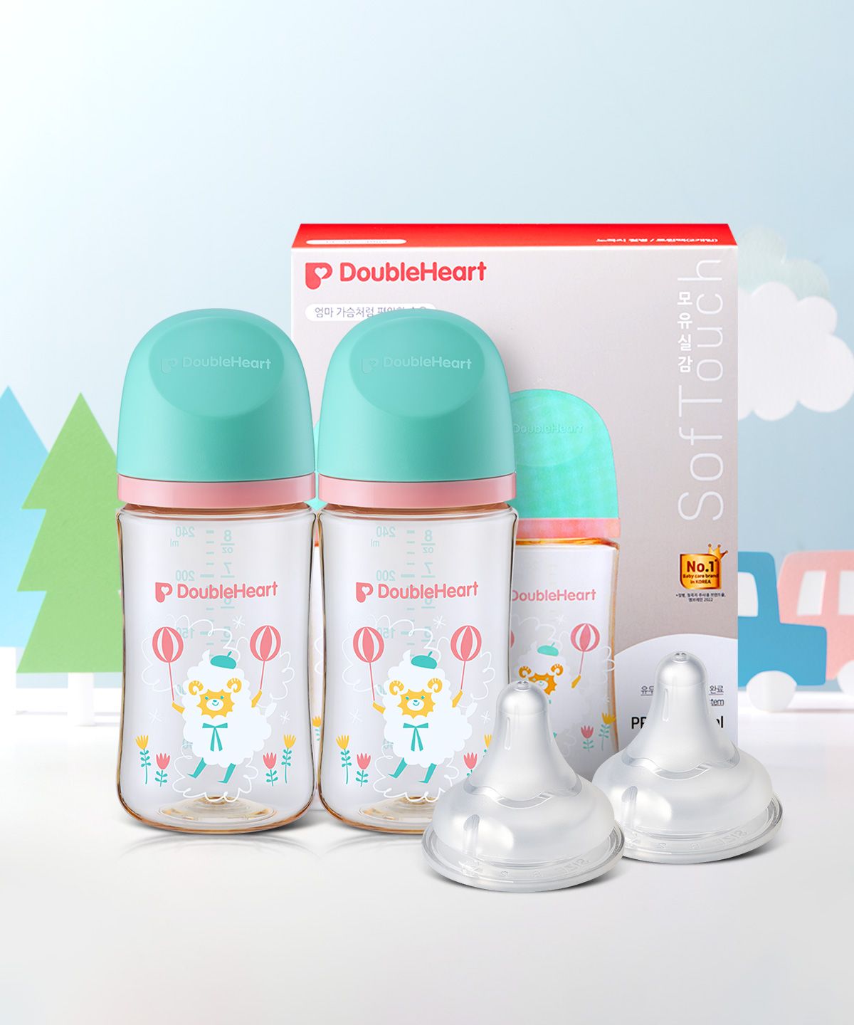 더블하트(DOUBLEHEART) 모유실감 디어프렌즈 240ml(젖병2+젖꼭지2) 3종 택1