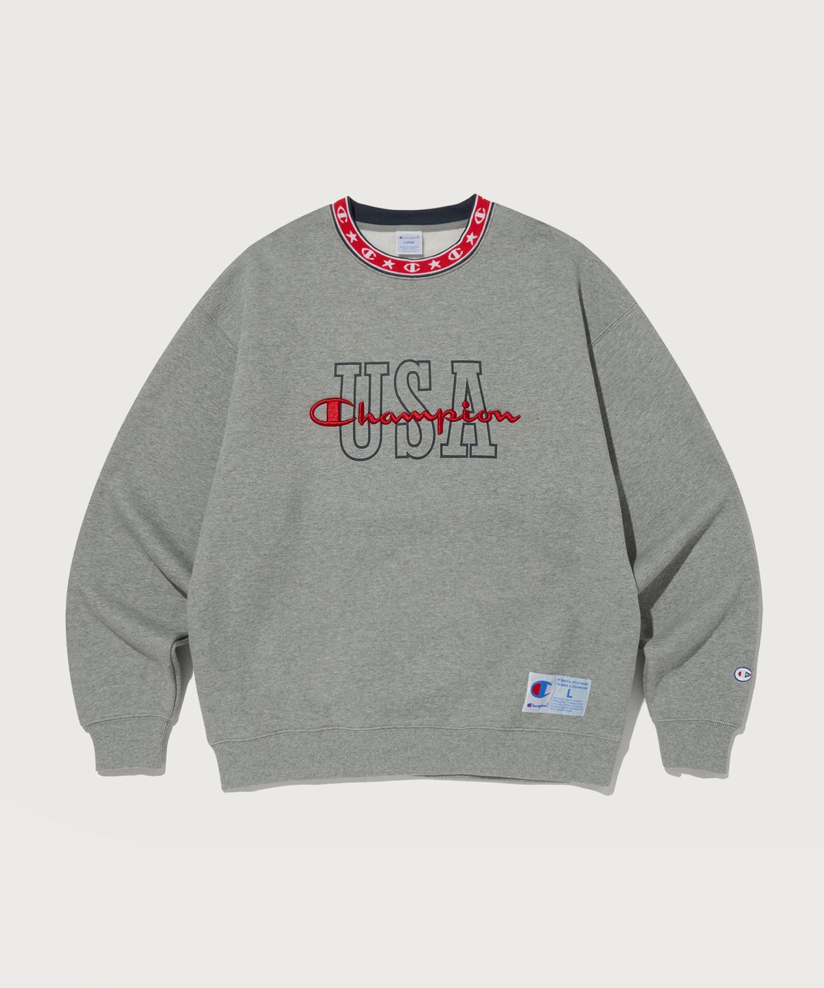 챔피온(CHAMPION) 슈퍼 플리스 자카드 립 크루넥 스웨트셔츠 Normal Grey