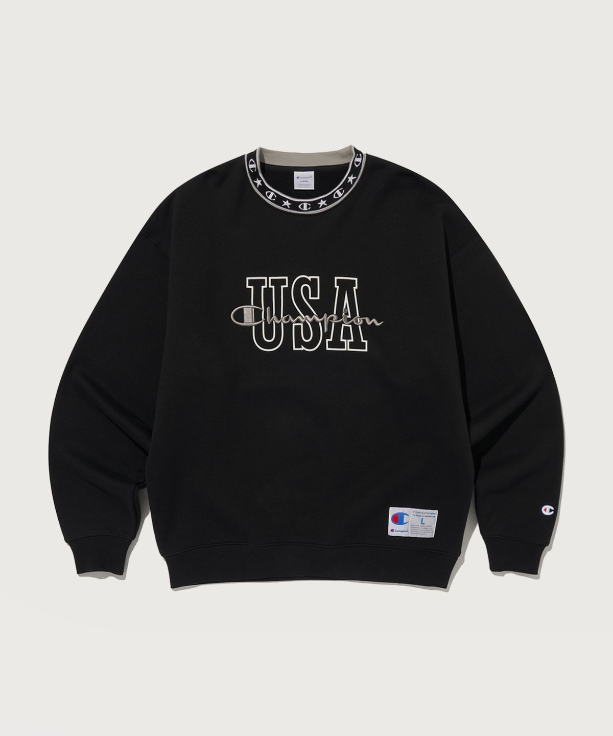 챔피온(CHAMPION) 슈퍼 플리스 자카드 립 크루넥 스웨트셔츠 Black