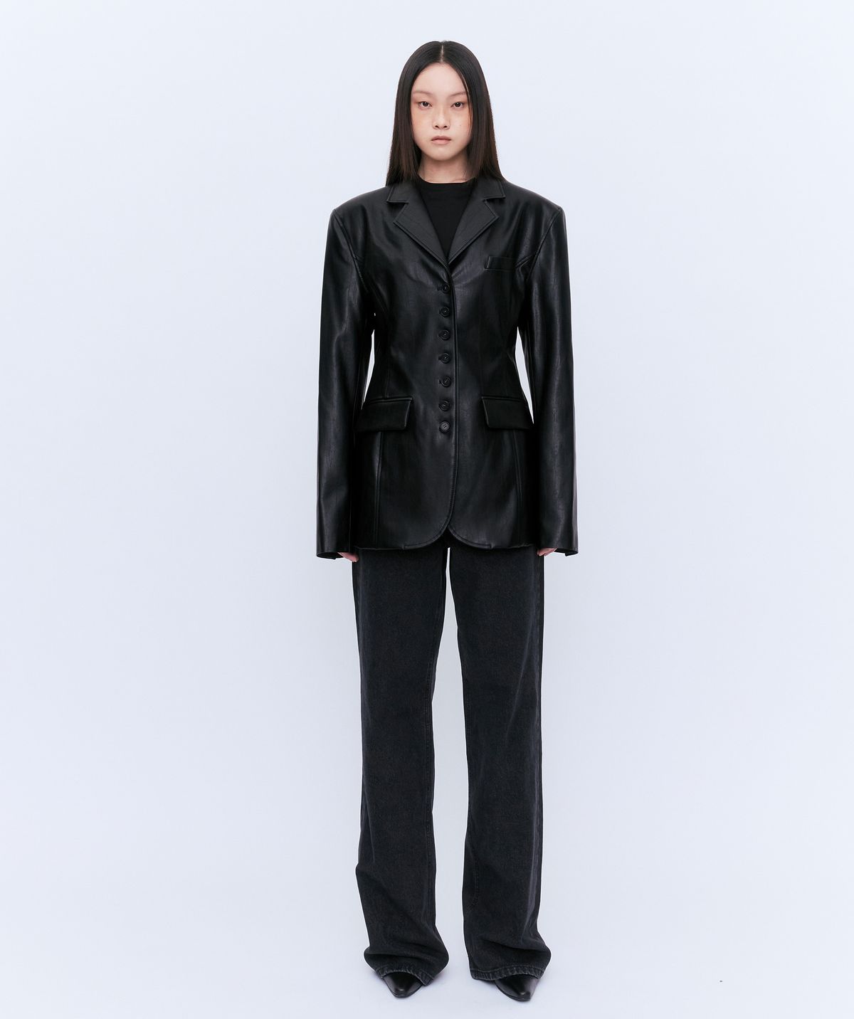 유지(YUJI) BUTTON LEATHER JACKET BLACK