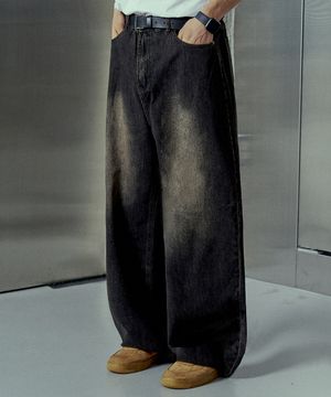 빈티지 네츄럴 워싱 와이드 데님 팬츠 흑청