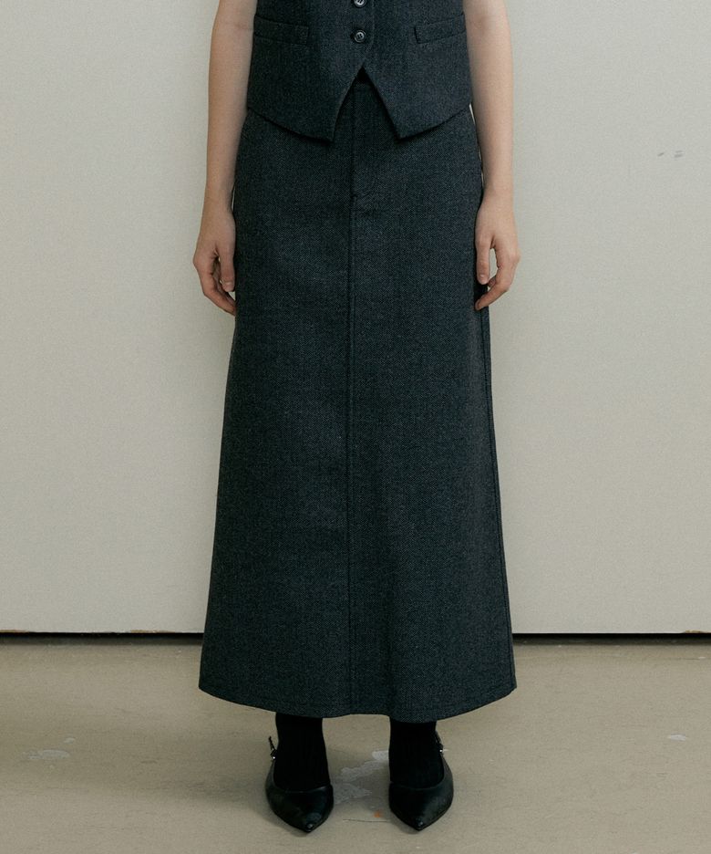 WOOL HERRINGBONE LONG SKIRT - Charcoal