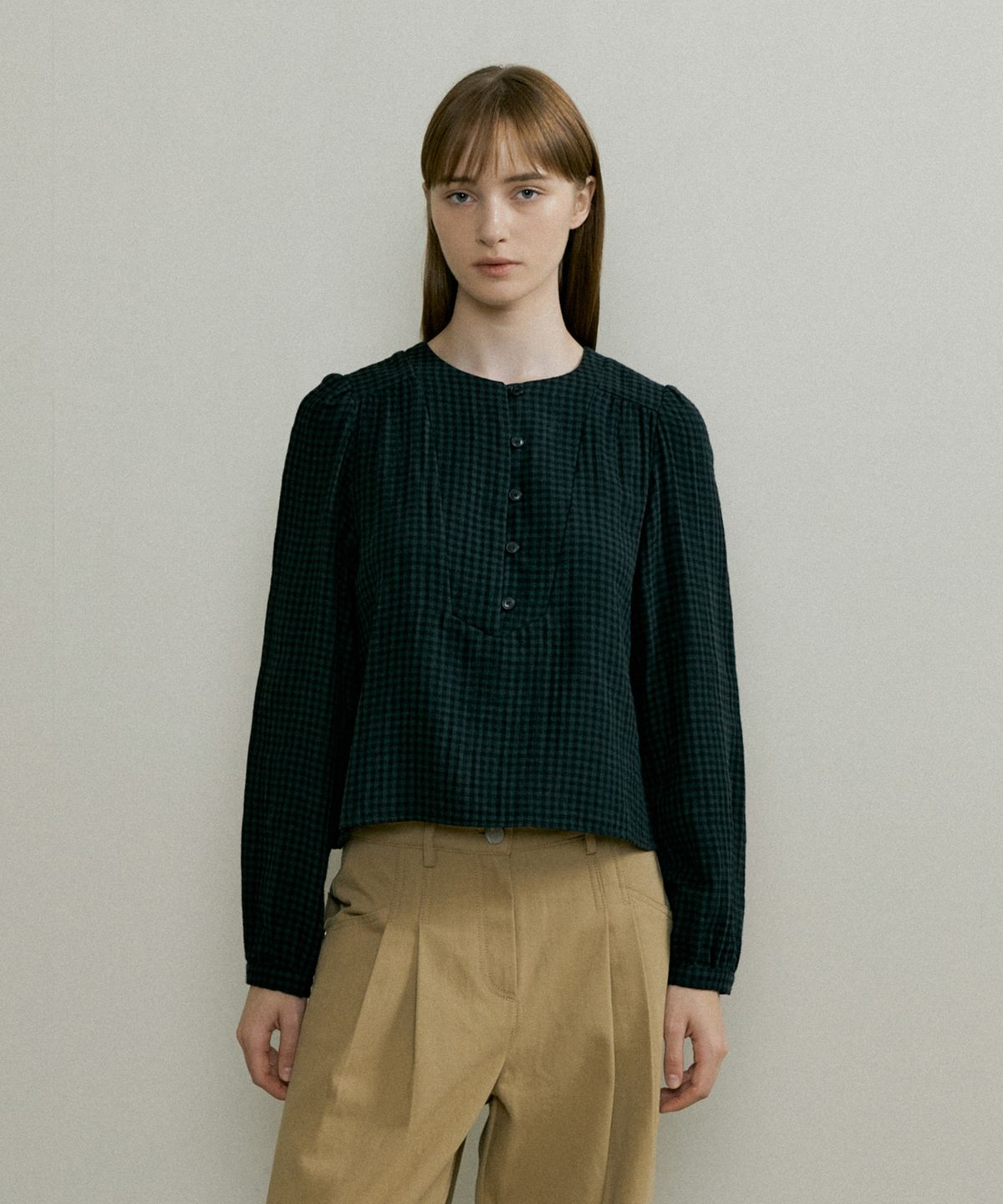 더페니(THE PENNY) CHECK SHIRING BLOUSE - Green