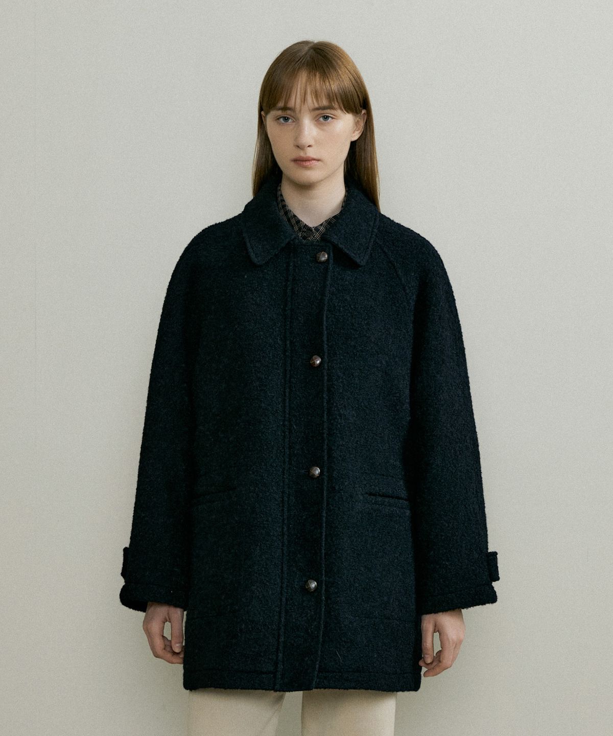 더페니(THE PENNY) ALPACA BOUCLE HALF ZIPUP COAT - Navy